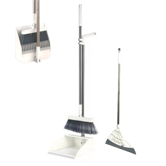 Broom with Foldable Standing Dustpan and Scraper Broom for Cleaning White