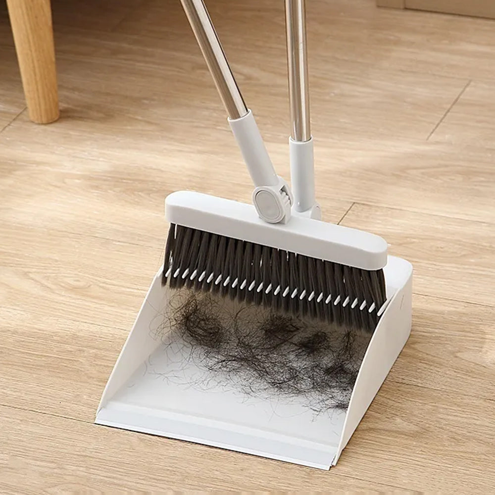 Broom with Foldable Standing Dustpan and Scraper Broom for Cleaning White