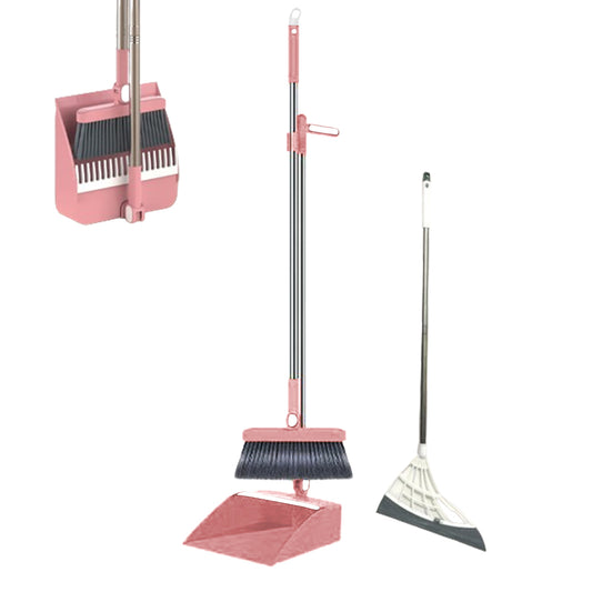 Broom with Foldable Standing Dustpan and Scraper Broom for Cleaning Pink