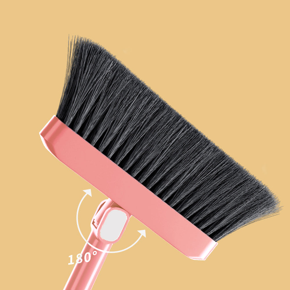 Broom with Foldable Standing Dustpan and Scraper Broom for Cleaning Pink