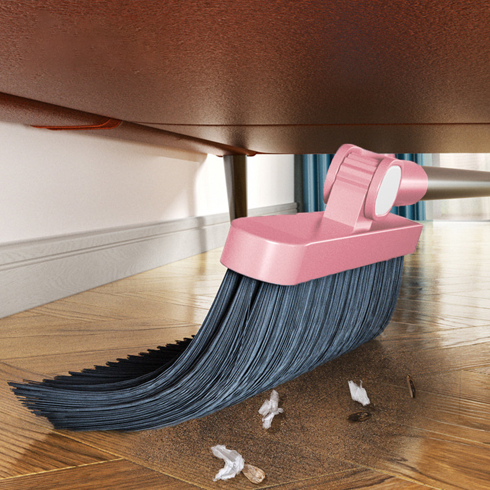 Broom with Foldable Standing Dustpan and Scraper Broom for Cleaning Pink