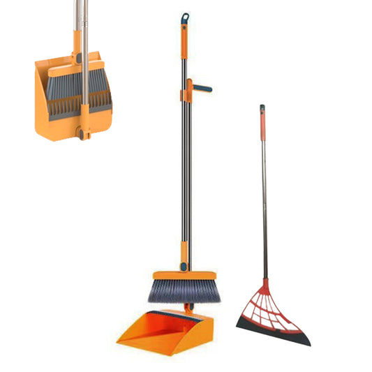 Broom with Foldable Standing Dustpan and Scraper Broom for Cleaning Orange