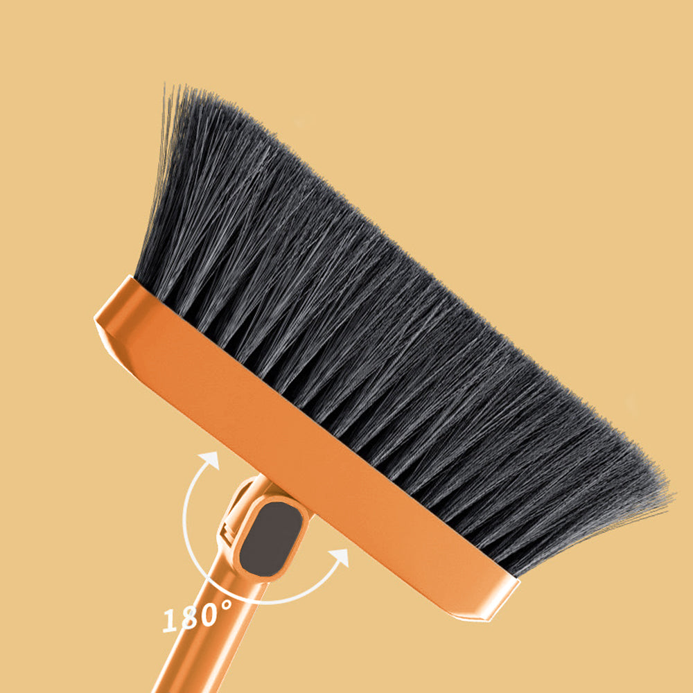 Broom with Foldable Standing Dustpan and Scraper Broom for Cleaning Orange