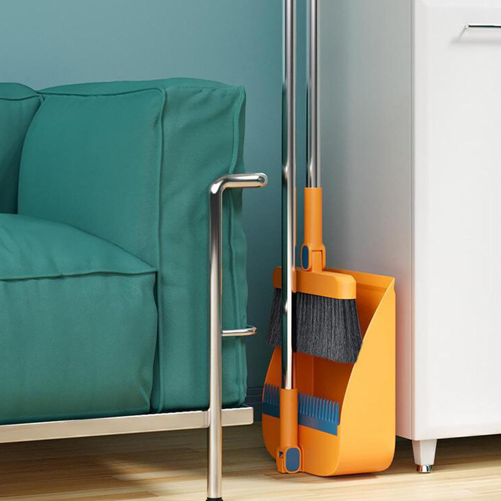 Broom with Foldable Standing Dustpan and Scraper Broom for Cleaning Orange