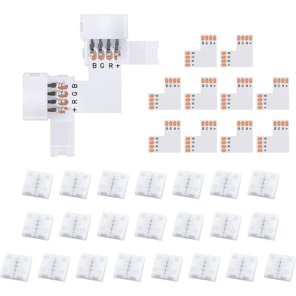 10Pcs L-Shape 4-Pin 10mm LED Connectors with 20Pcs Clips for Strip Lights