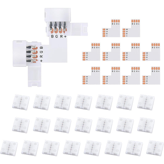 10Pcs L-Shape 4-Pin 10mm LED Connectors with 20Pcs Clips for Strip Lights