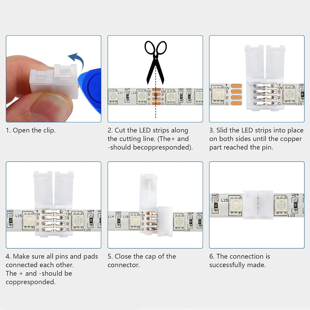 10Pcs L-Shape 4-Pin 10mm LED Connectors with 20Pcs Clips for Strip Lights