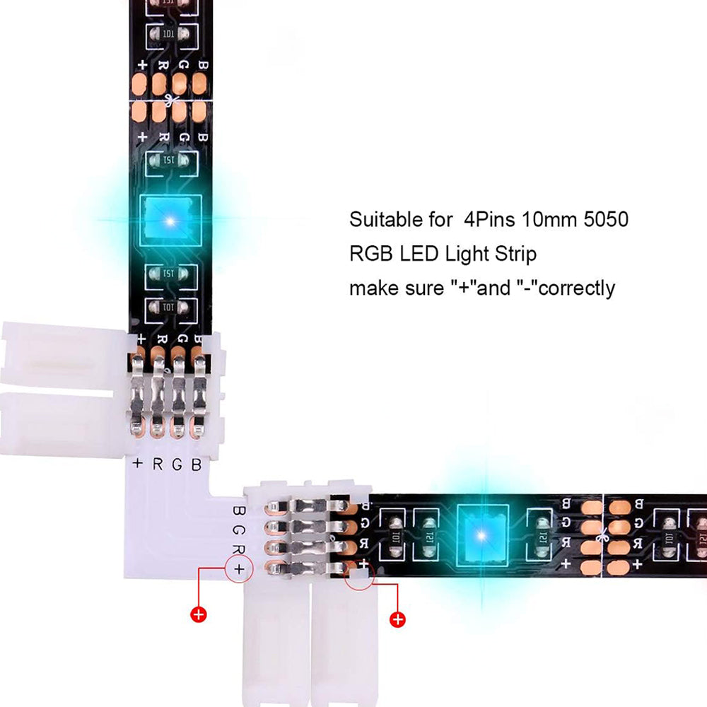 10Pcs L-Shape 4-Pin 10mm LED Connectors with 20Pcs Clips for Strip Lights