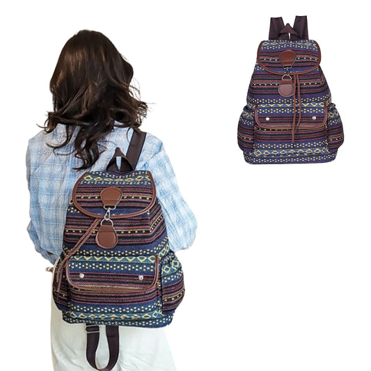 Boho Style Flap Drawstring Backpack Shoulder Bag Outdoor Travel Bag Blue