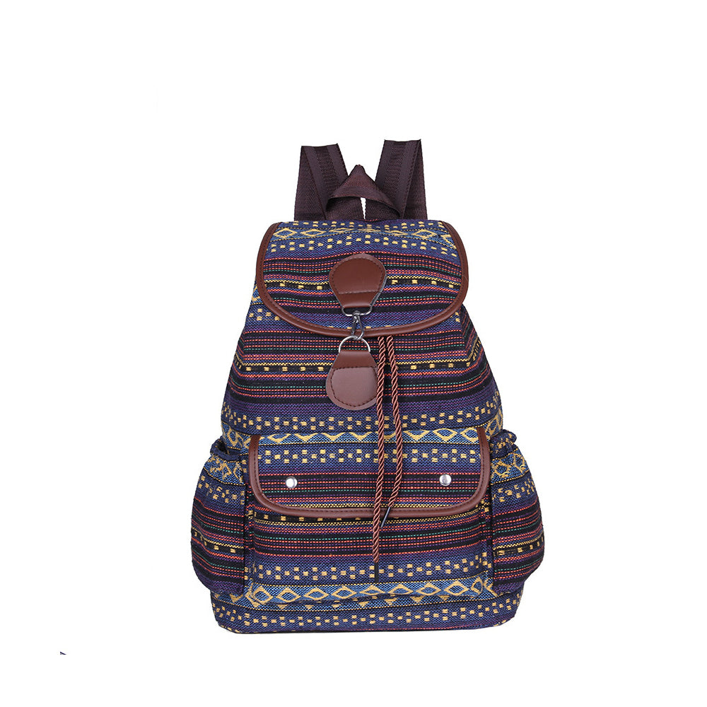 Boho Style Flap Drawstring Backpack Shoulder Bag Outdoor Travel Bag Blue