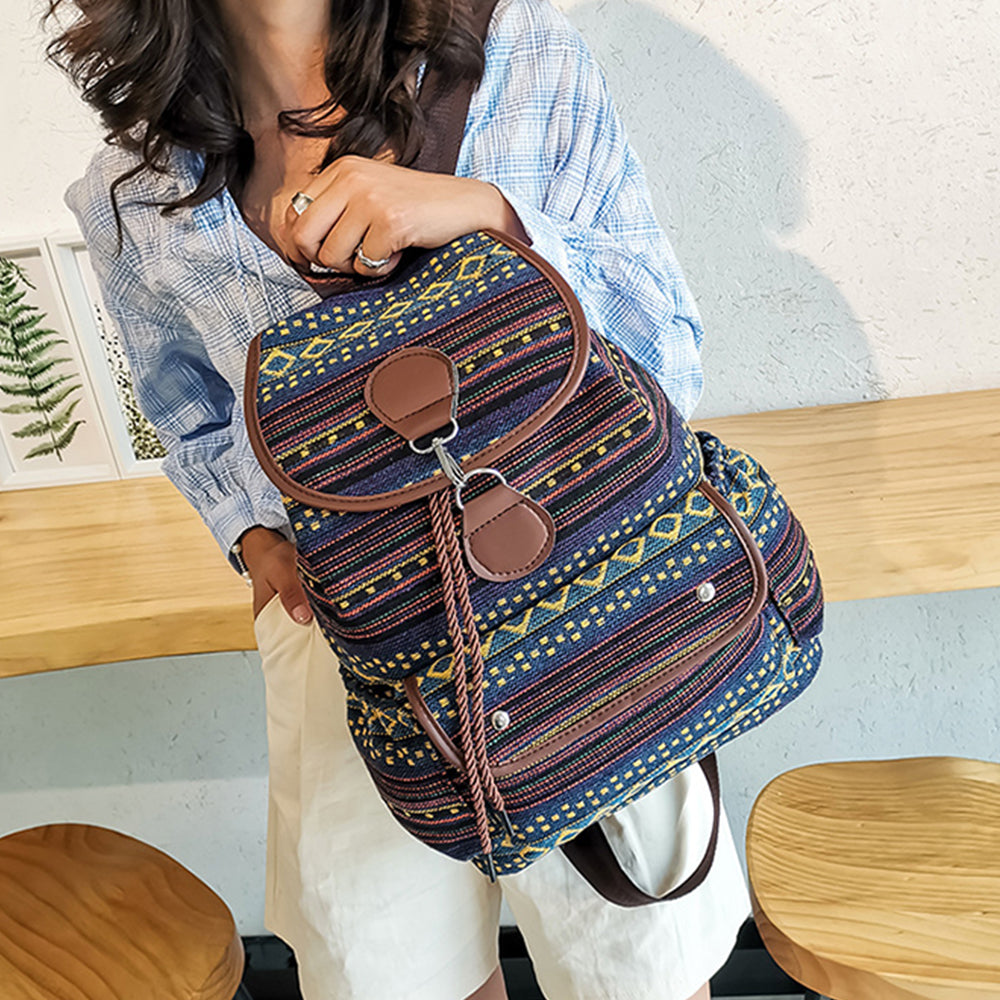 Boho Style Flap Drawstring Backpack Shoulder Bag Outdoor Travel Bag Blue