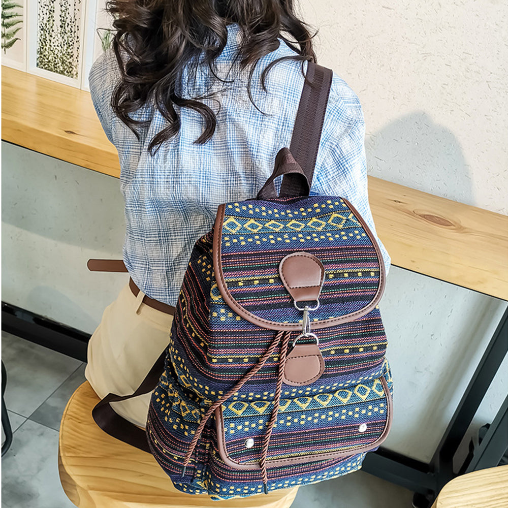 Boho Style Flap Drawstring Backpack Shoulder Bag Outdoor Travel Bag Blue