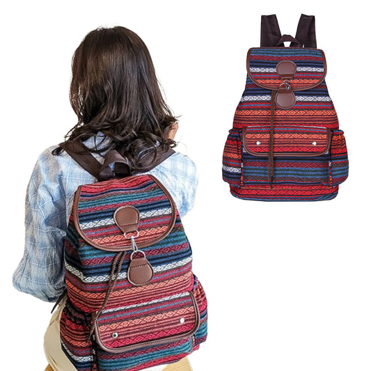 Boho Style Flap Drawstring Backpack Shoulder Bag Outdoor Travel Bag Red