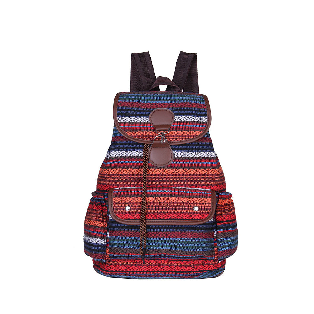 Boho Style Flap Drawstring Backpack Shoulder Bag Outdoor Travel Bag Red