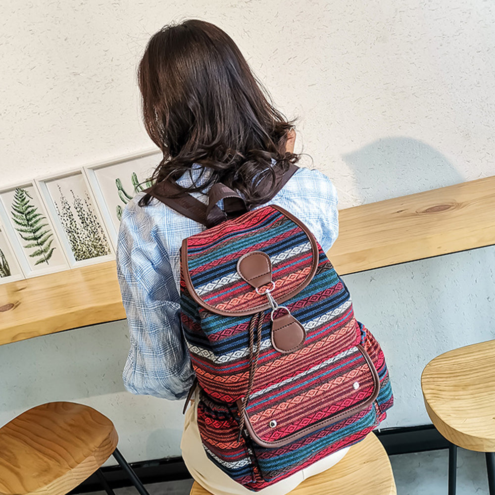 Boho Style Flap Drawstring Backpack Shoulder Bag Outdoor Travel Bag Red