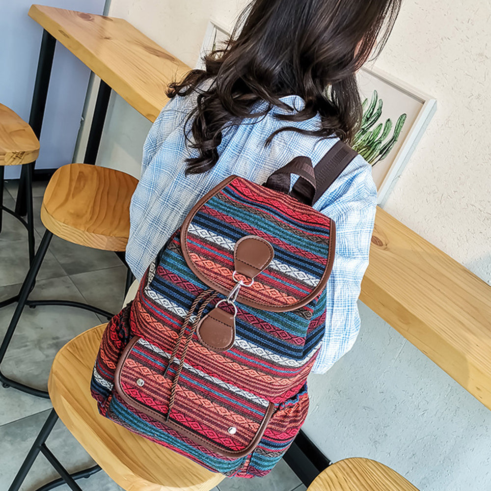 Boho Style Flap Drawstring Backpack Shoulder Bag Outdoor Travel Bag Red