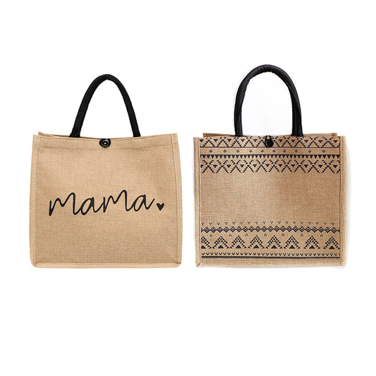 2Pcs Jute Tote Bag with Handle Reusable Handbags Burlap Tote Mama Bag