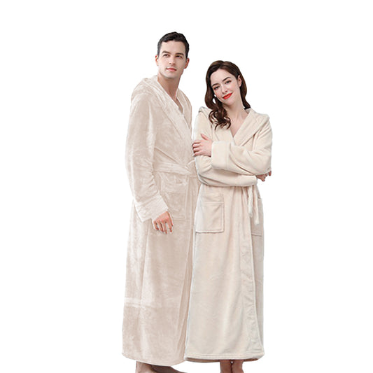 Winter Warm Flannel Hooded Fleece Long Bathrobe Lovers Sleepwear Beige