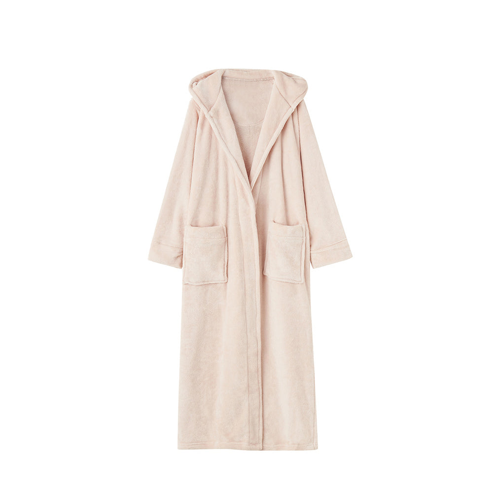 Winter Warm Flannel Hooded Fleece Long Bathrobe Lovers Sleepwear Beige