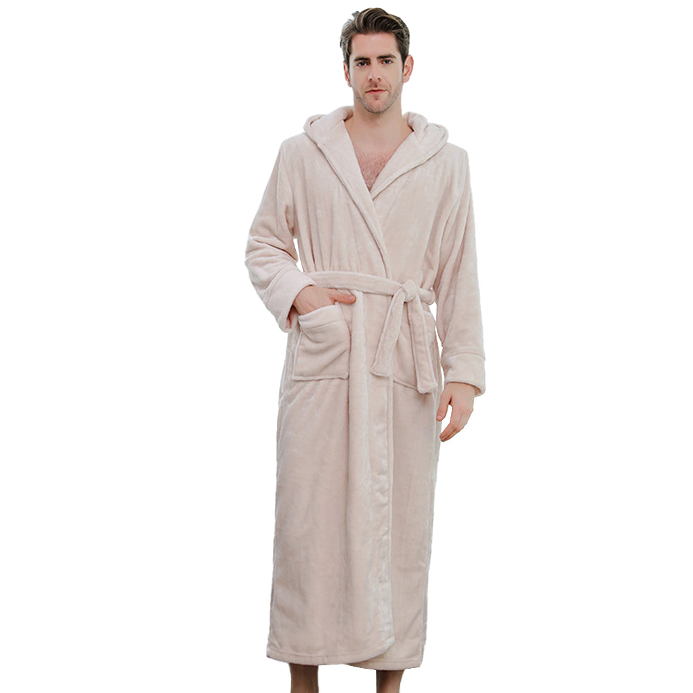 Winter Warm Flannel Hooded Fleece Long Bathrobe Lovers Sleepwear Beige
