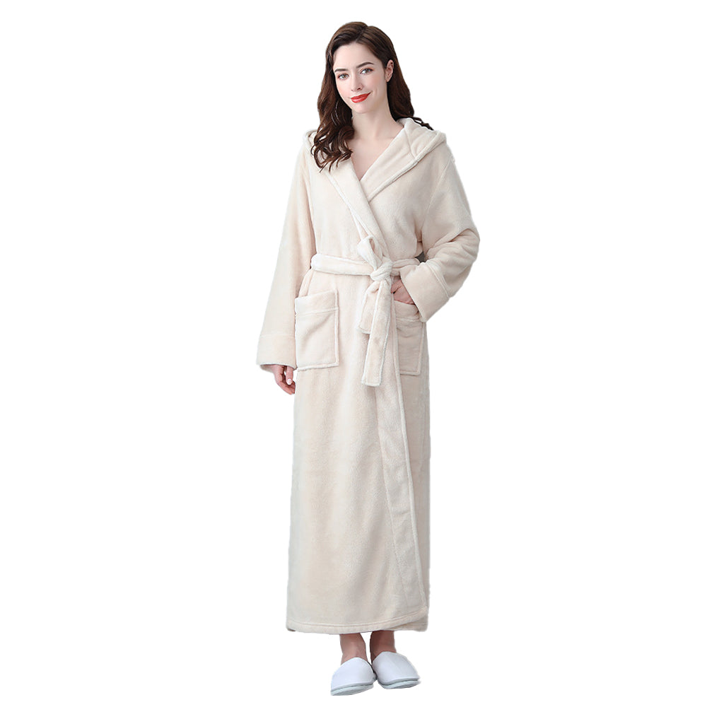 Winter Warm Flannel Hooded Fleece Long Bathrobe Lovers Sleepwear Beige