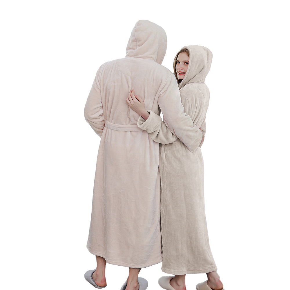 Winter Warm Flannel Hooded Fleece Long Bathrobe Lovers Sleepwear Beige