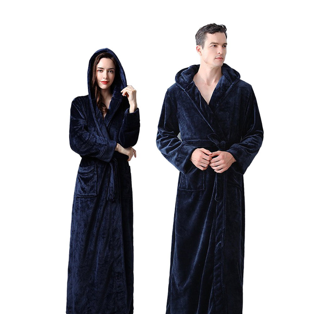 Winter Warm Flannel Hooded Fleece Long Bathrobe Lovers Sleepwear Dark Blue