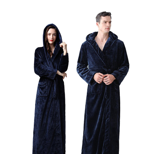 Winter Warm Flannel Hooded Fleece Long Bathrobe Lovers Sleepwear Dark Blue
