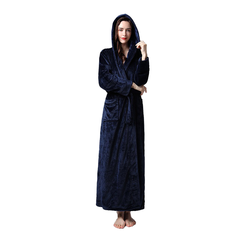 Winter Warm Flannel Hooded Fleece Long Bathrobe Lovers Sleepwear Dark Blue