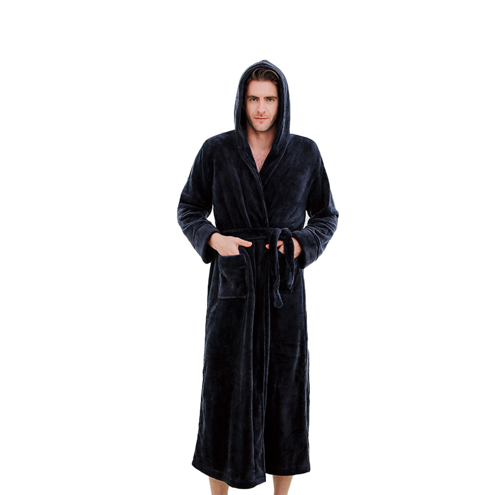 Winter Warm Flannel Hooded Fleece Long Bathrobe Lovers Sleepwear Dark Blue