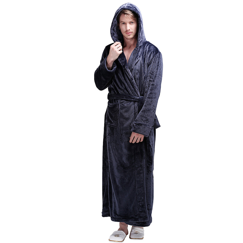 Winter Warm Flannel Hooded Fleece Long Bathrobe Lovers Sleepwear Dark Blue