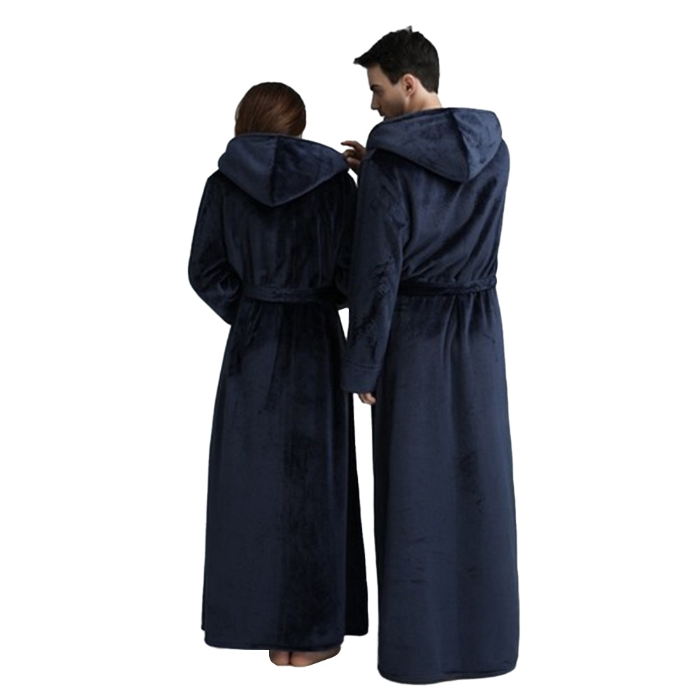 Winter Warm Flannel Hooded Fleece Long Bathrobe Lovers Sleepwear Dark Blue