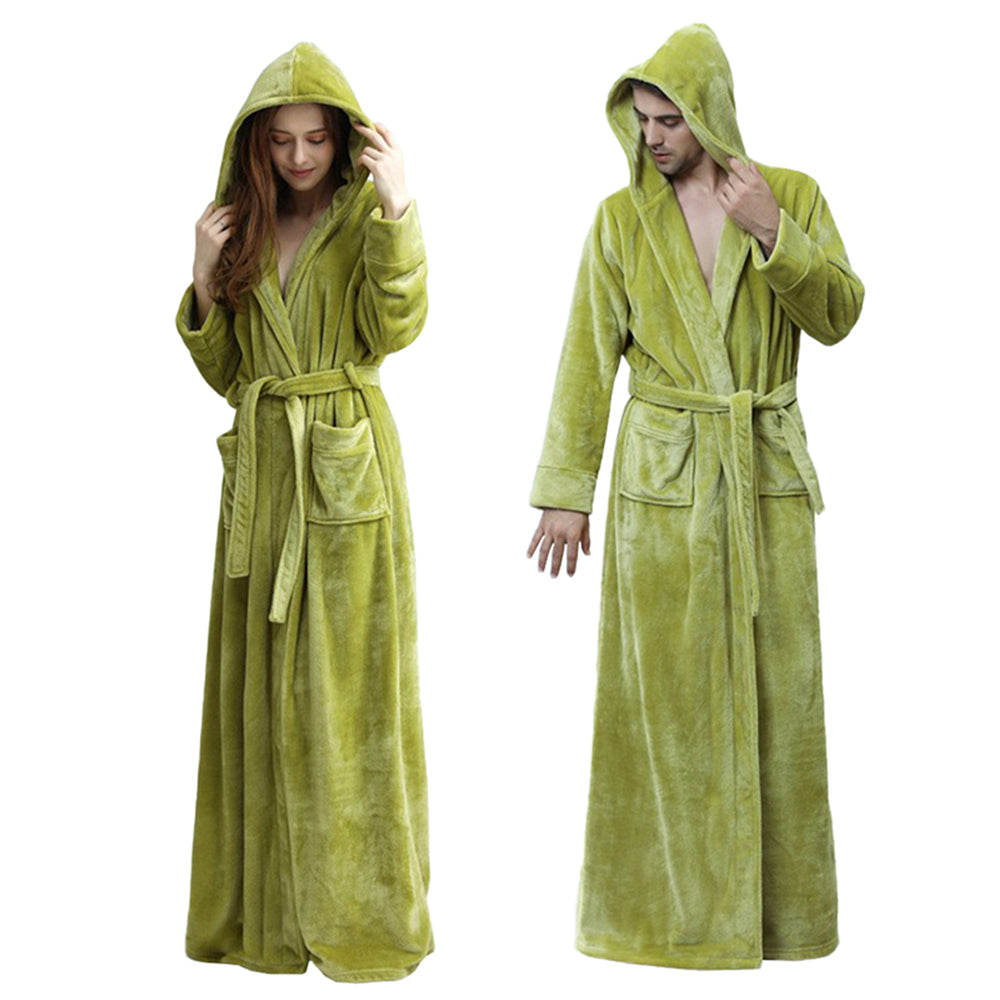 Winter Warm Flannel Hooded Fleece Long Bathrobe Lovers Sleepwear Green