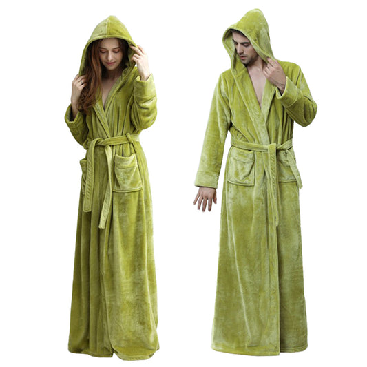 Winter Warm Flannel Hooded Fleece Long Bathrobe Lovers Sleepwear Green