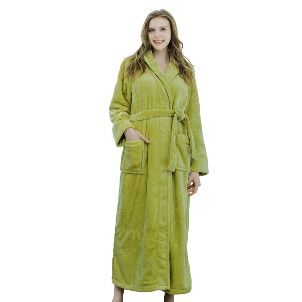 Winter Warm Flannel Hooded Fleece Long Bathrobe Lovers Sleepwear Green