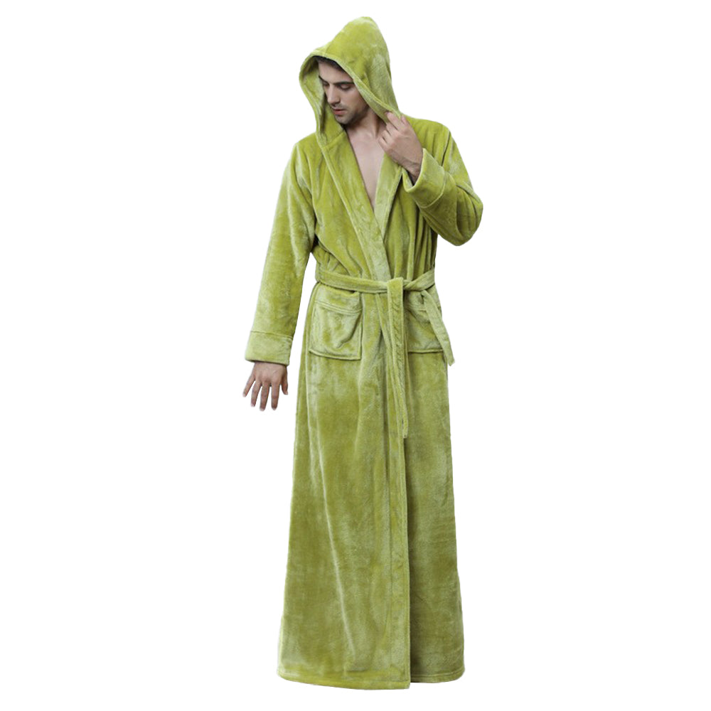 Winter Warm Flannel Hooded Fleece Long Bathrobe Lovers Sleepwear Green