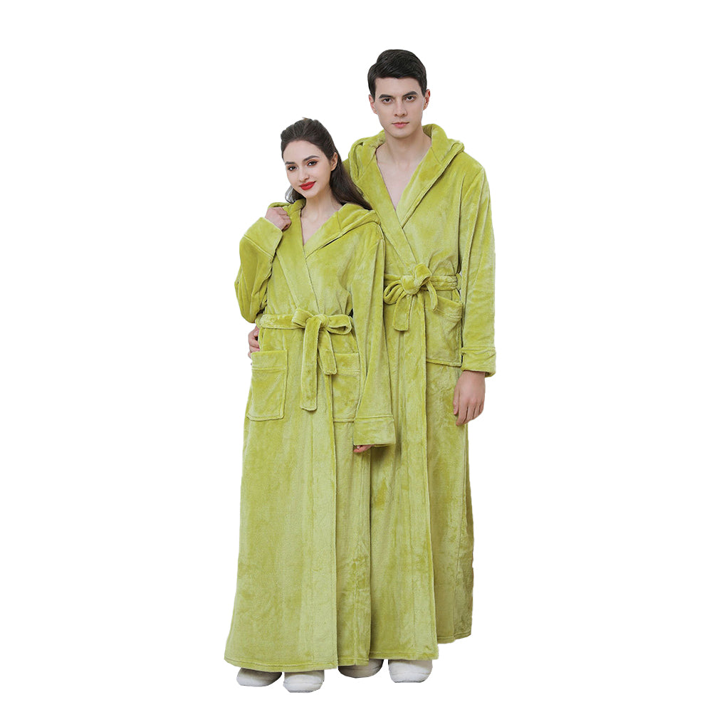 Winter Warm Flannel Hooded Fleece Long Bathrobe Lovers Sleepwear Green