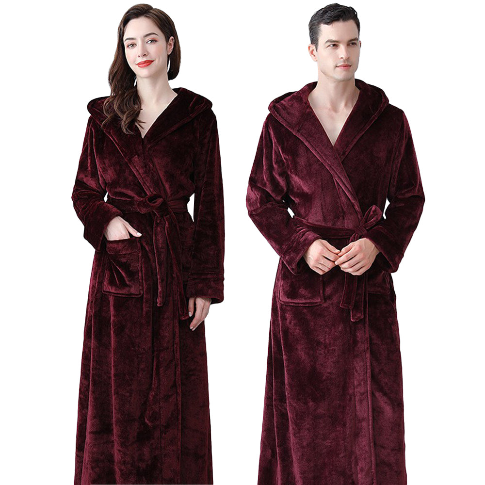 Winter Warm Flannel Hooded Fleece Long Bathrobe Lovers Sleepwear Dark Red