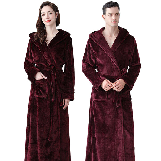 Winter Warm Flannel Hooded Fleece Long Bathrobe Lovers Sleepwear Dark Red