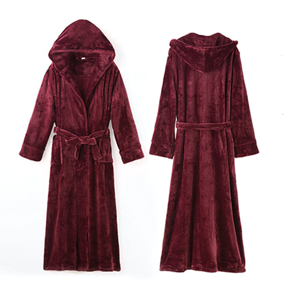 Winter Warm Flannel Hooded Fleece Long Bathrobe Lovers Sleepwear Dark Red
