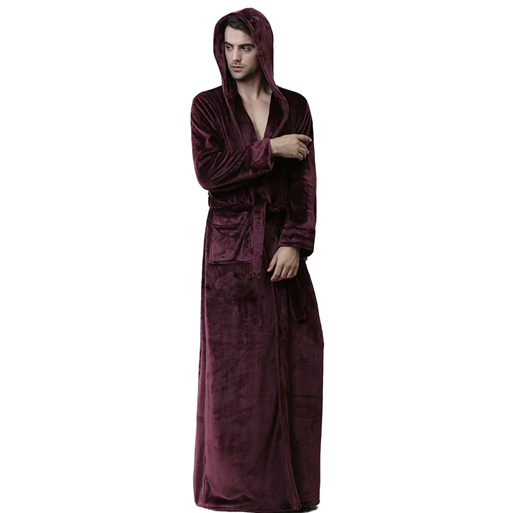 Winter Warm Flannel Hooded Fleece Long Bathrobe Lovers Sleepwear Dark Red