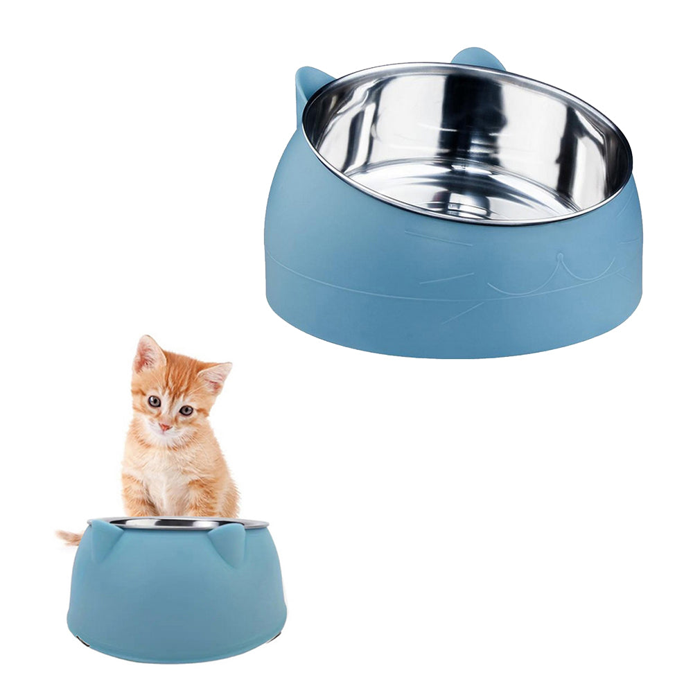Tilted Angle Dog Bowl Slanted Stainless Steel Dog Cat Food Pet Feeder Blue
