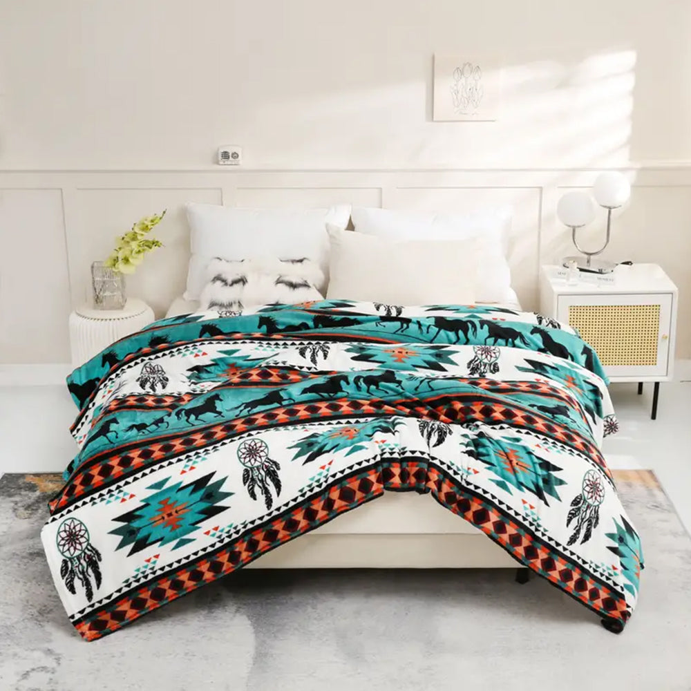 200x230cm Flannel Microfiber Throw Blanket Geometry Pattern Plush Blanket Green