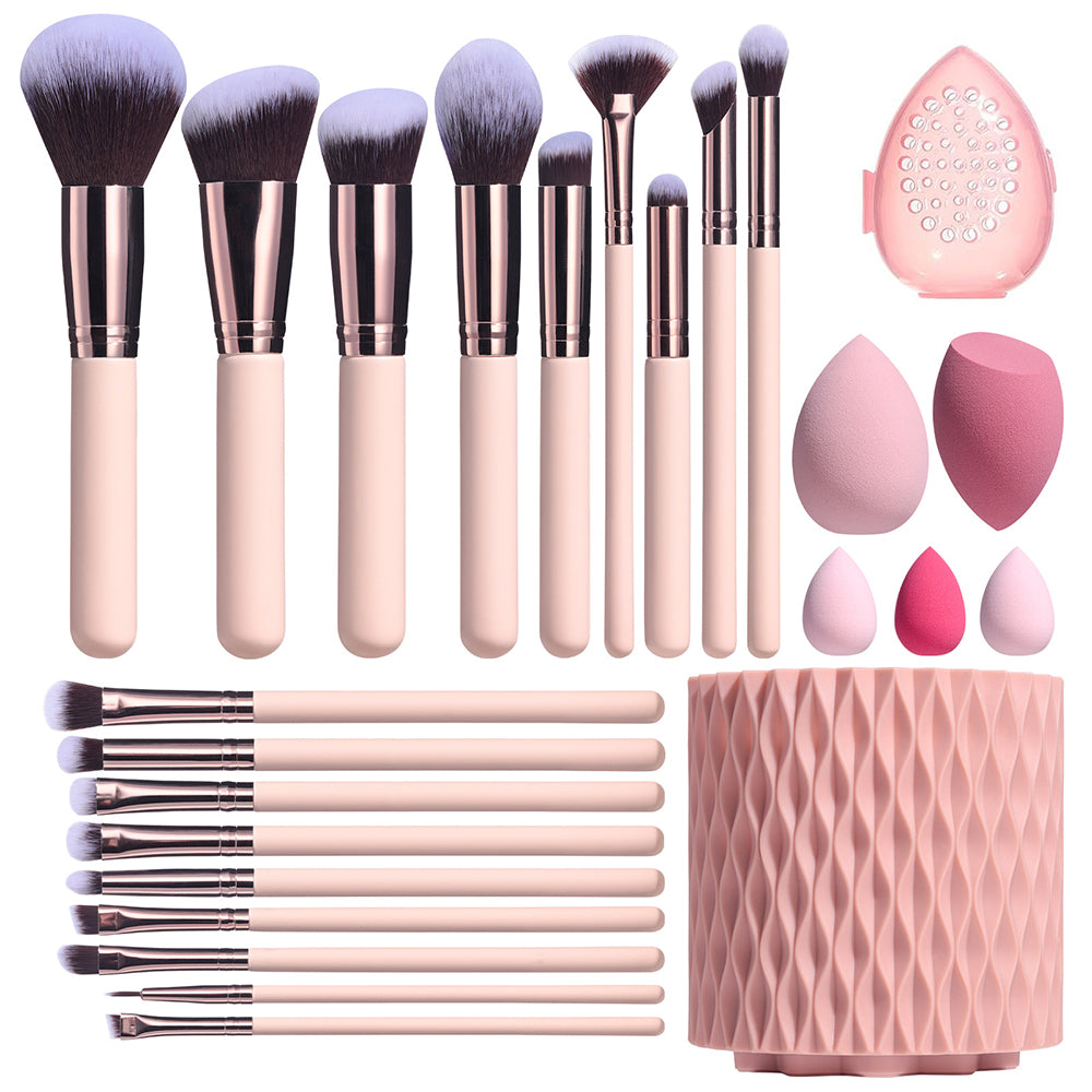 18Pcs Makeup Brushes Set with Makeup Sponges and Storage Bucket Pink