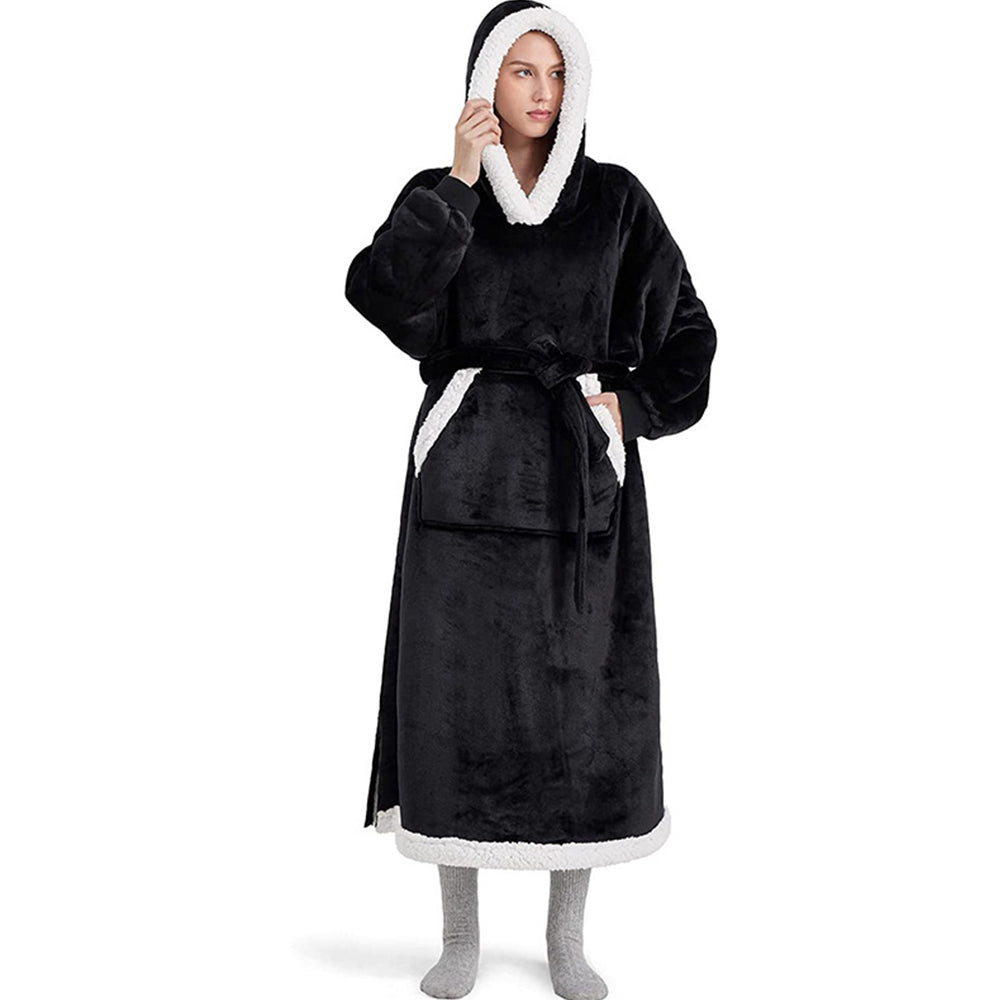 Fleece Long Wearable Blanket Hoodie with Giant Pocket and Belt Black