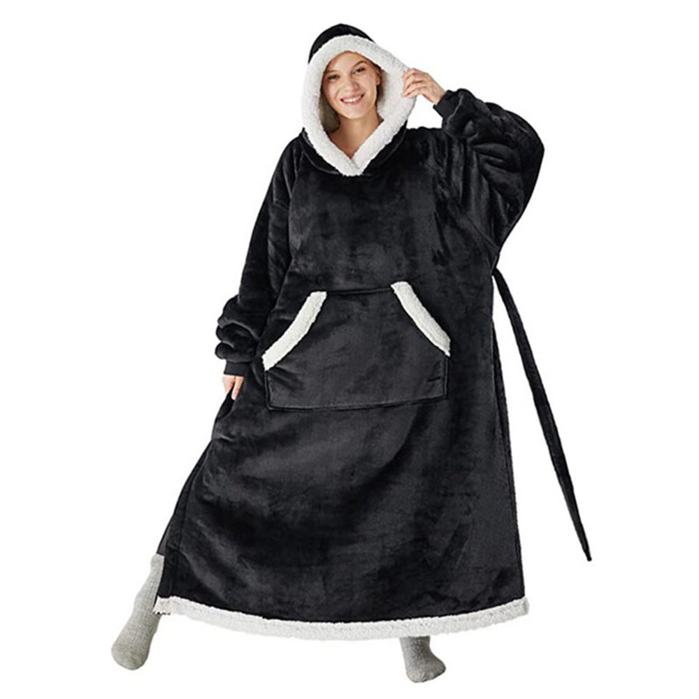 Fleece Long Wearable Blanket Hoodie with Giant Pocket and Belt Black