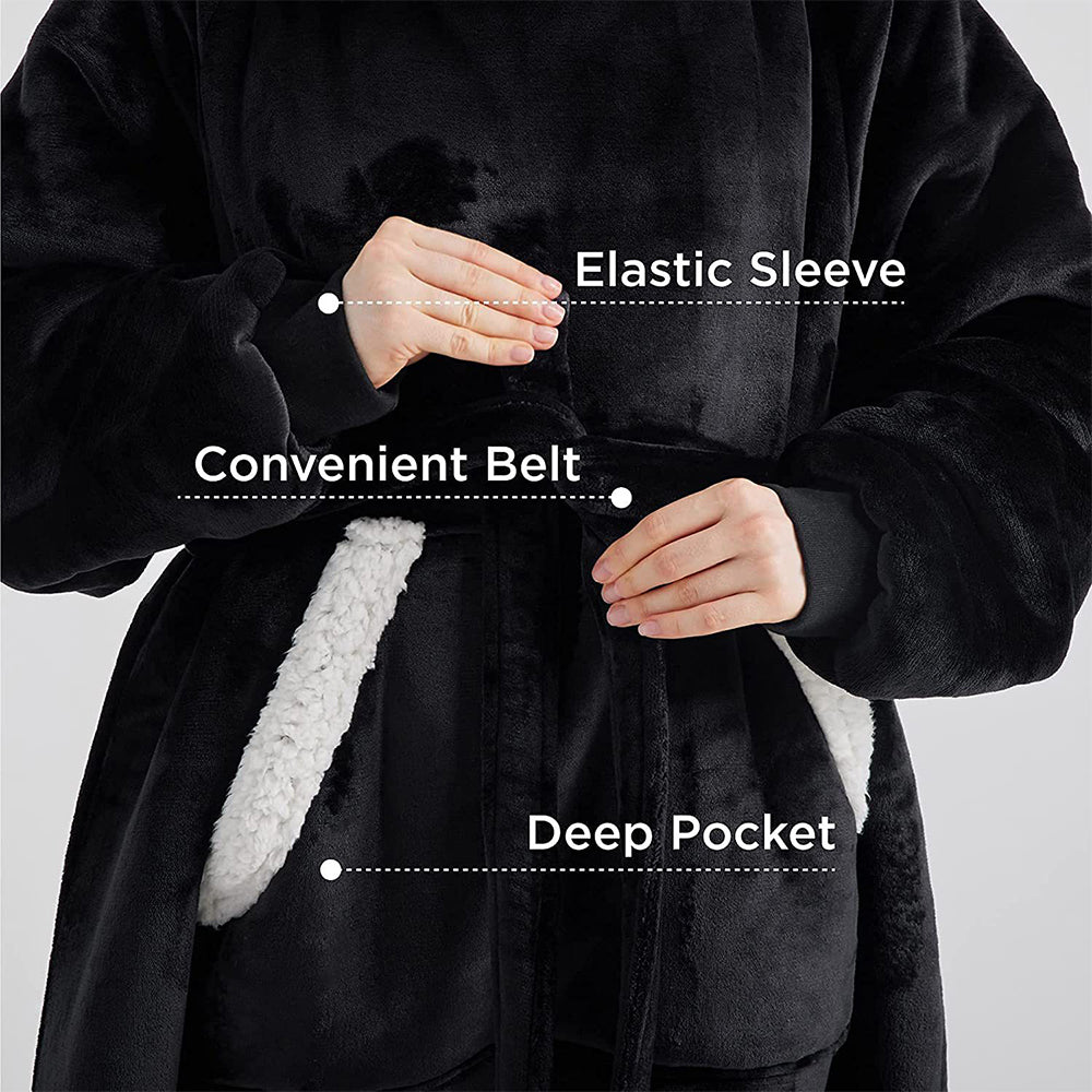 Fleece Long Wearable Blanket Hoodie with Giant Pocket and Belt Black