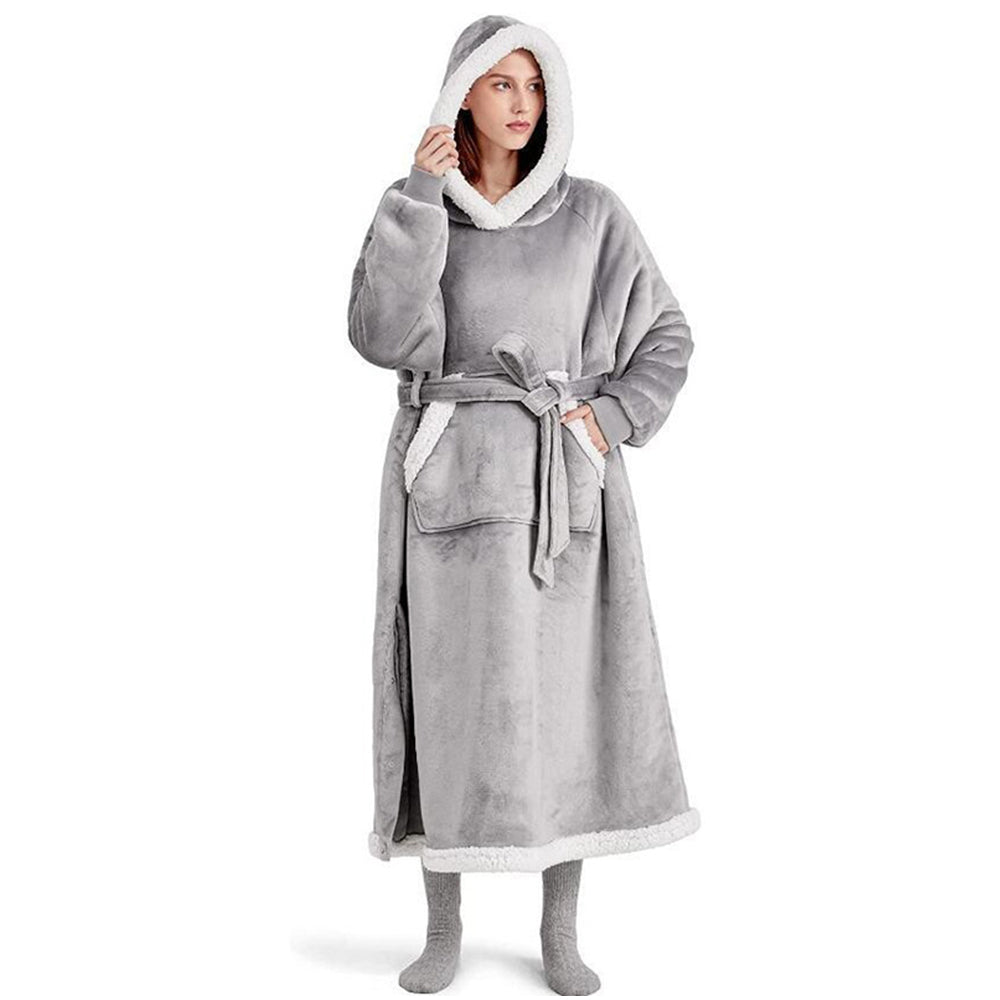 Fleece Long Wearable Blanket Hoodie with Giant Pocket and Belt Grey