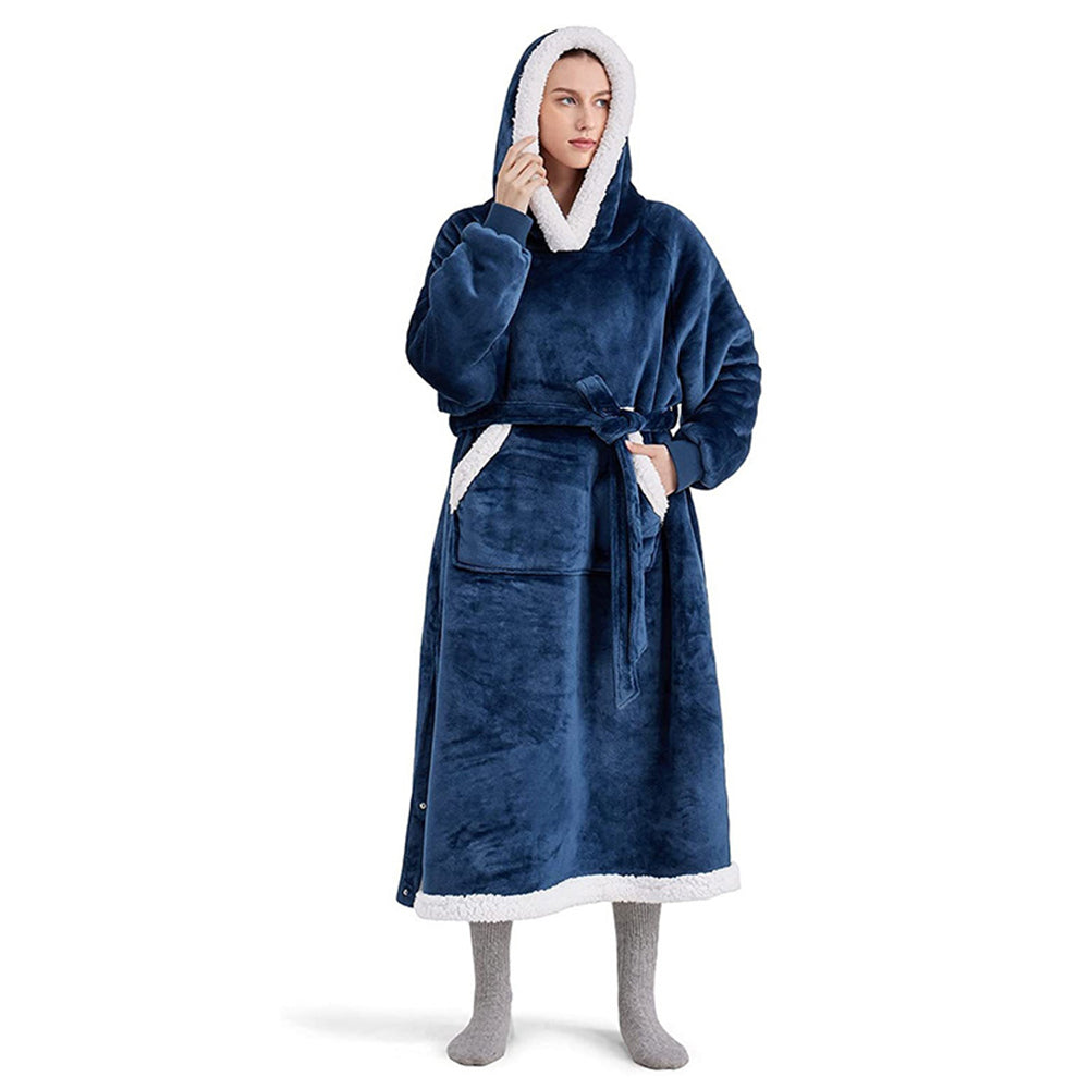 Fleece Long Wearable Blanket Hoodie with Giant Pocket and Belt Navy Blue