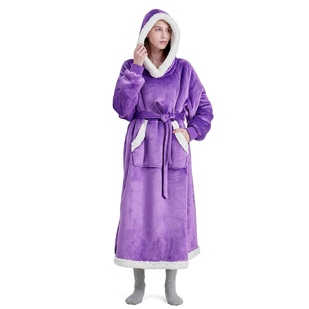 Fleece Long Wearable Blanket Hoodie with Giant Pocket and Belt Purple
